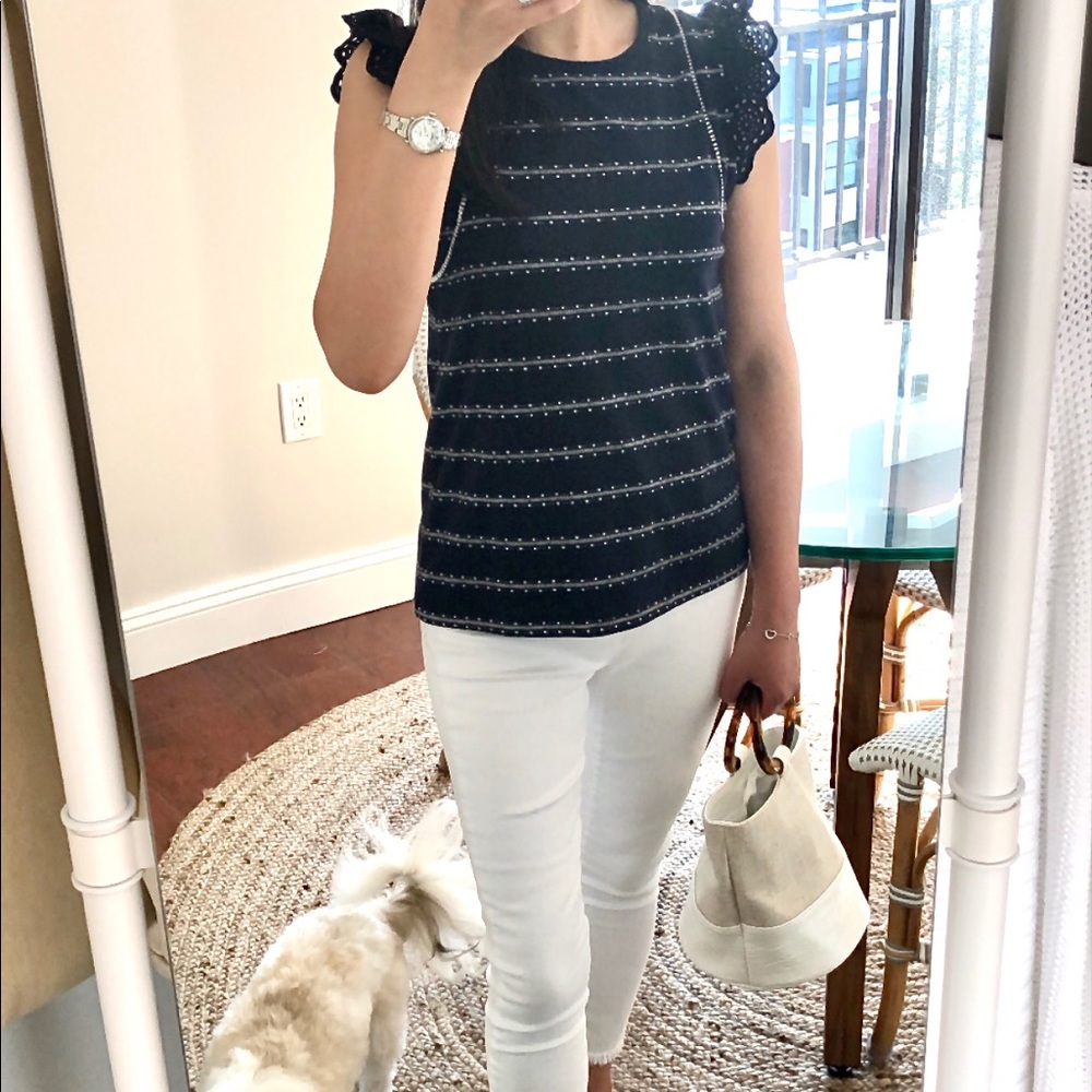 Striped Eyelet Flutter Sleeve Shell